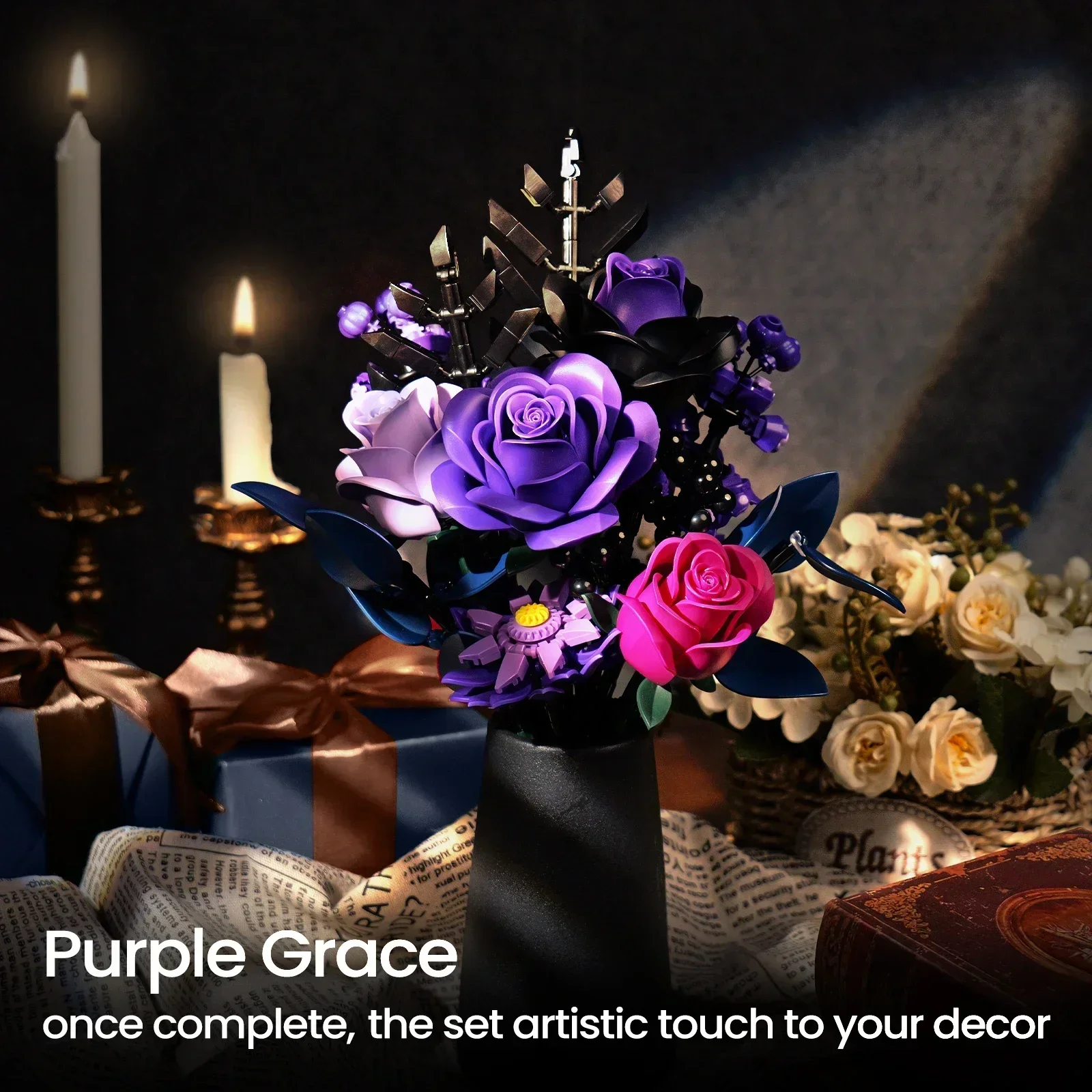 BuildMOC 보라색 장미 식물 빌딩 블록 세트, 고딕 장식 인공 장미 꽃 꽃다발 모델 장난감 발렌타인 데이 선물