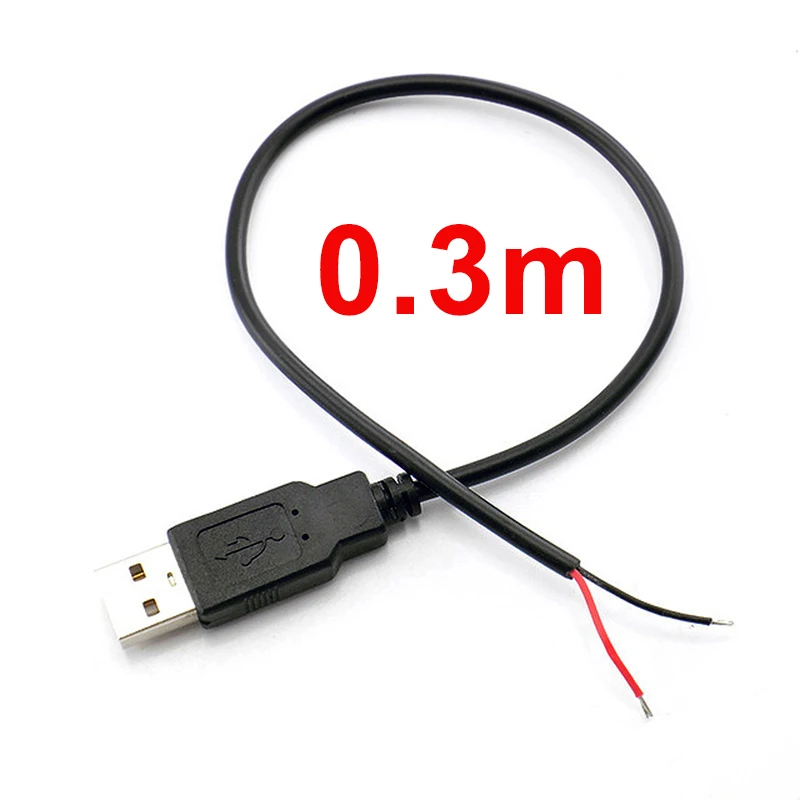 USB 2.0 수 잭 커넥터 케이블, 전원 충전 익스텐션 케이블 코드, 0.3m, 1m, 2m, 5V, 2 핀, 2 와이어 DIY