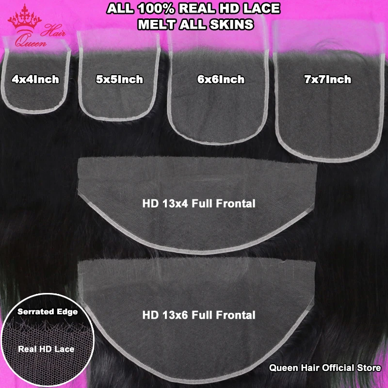 Queen Hair Real HD Frontal/Closure Only Invisible Melt Skin Lace 13x6 13x4 4x4 5x5 6x6 7x7 Raw Human Hair Body Wave & Straight