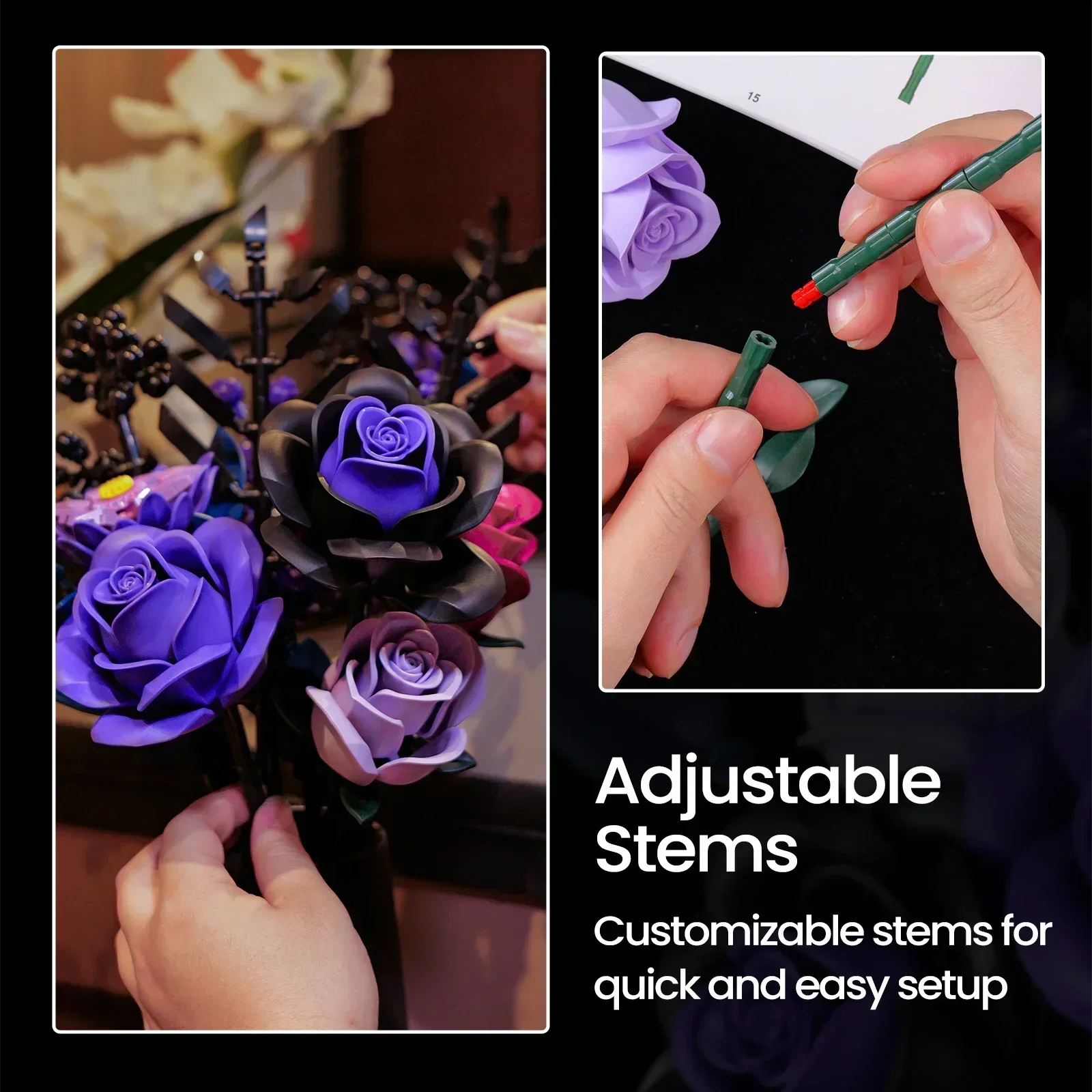 BuildMOC 보라색 장미 식물 빌딩 블록 세트, 고딕 장식 인공 장미 꽃 꽃다발 모델 장난감 발렌타인 데이 선물