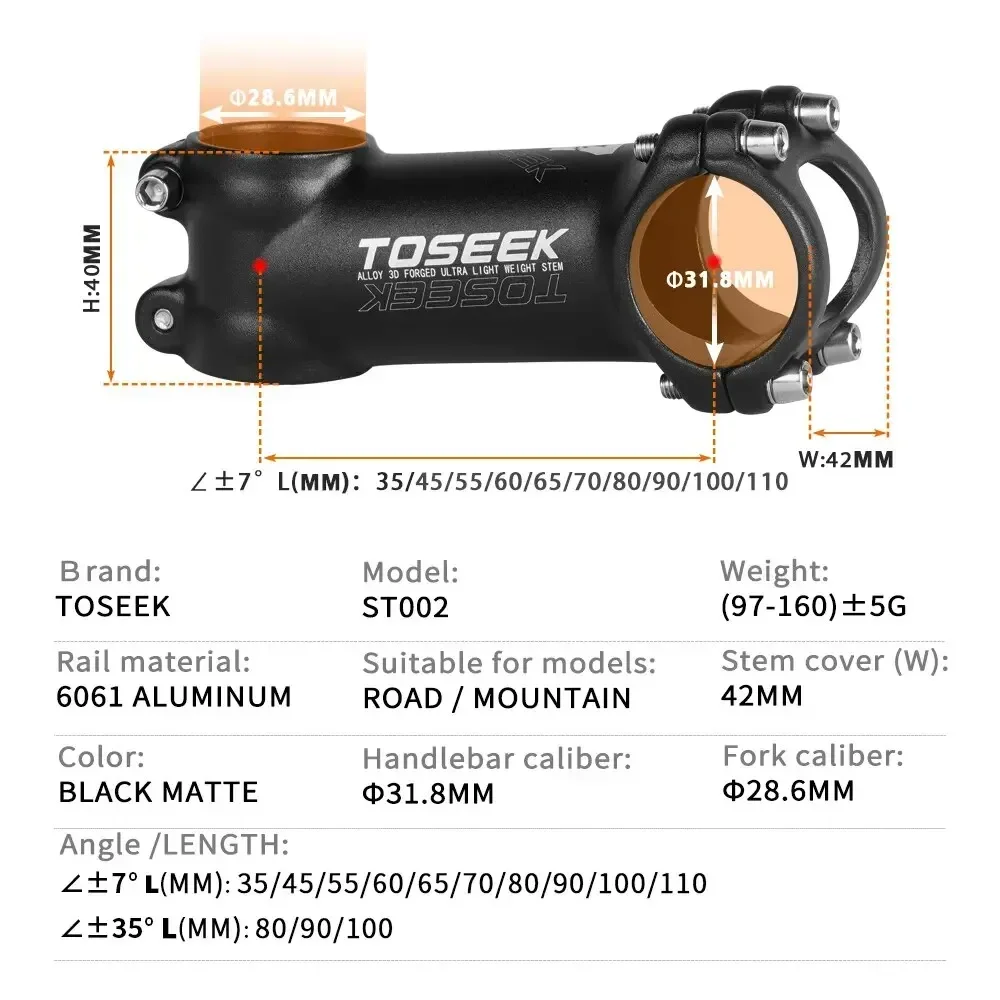 TOSEEK 자전거 핸들 줄기 60/70/80/90/100mm MTB 줄기 28.6mm 31.8mm 네거티브 전력 Mtb 경량 도로 자전거 테이블