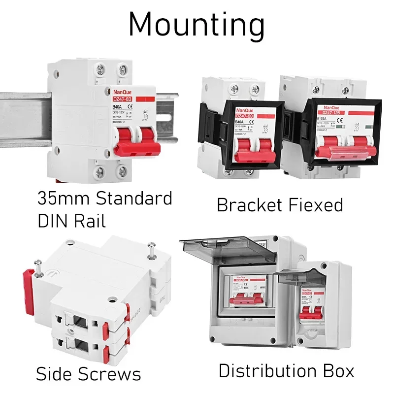 DC MCB 12V 24V 48V 60V 110V 회로 차단기 배터리 보호 스위치 포지티브 네거티브 단락 회로 2P 10A 20A 50A 100A 125A 150A