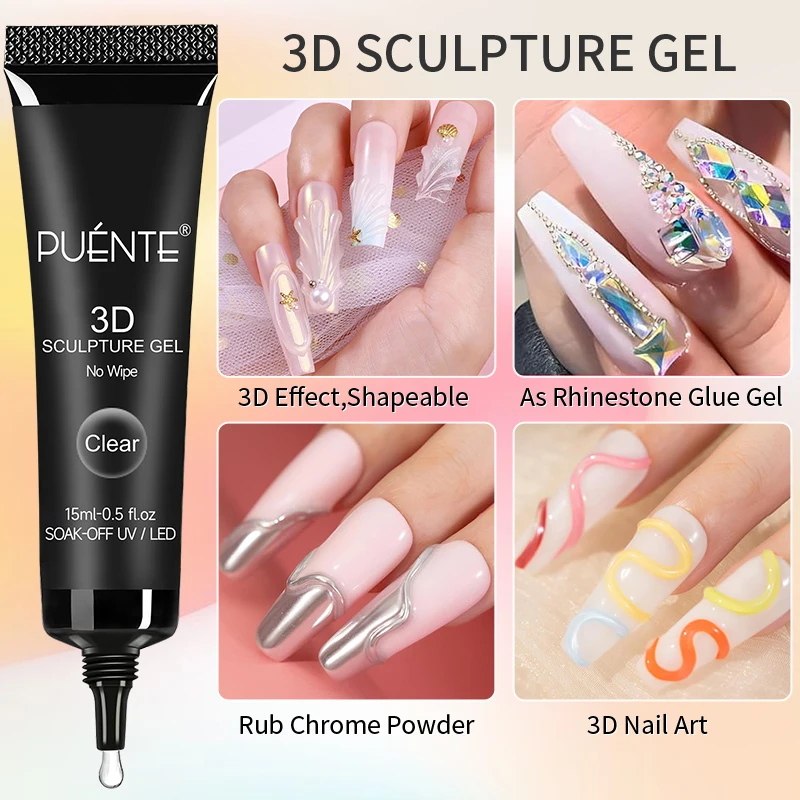 PUENTE 15ML 클리어 3D 닦아내지 않는 조각 젤 매니큐어 3D 크롬 네일 아트 디자인 라인 석 접착제 모델링 네일 아트 젤 담그기