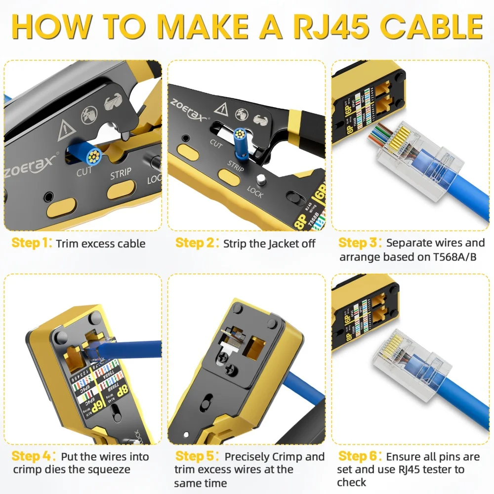 ZoeRax RJ45 압착 도구 Cat6 Cat5 Cat5e 8P8C 모듈러 커넥터 이더넷 올인원 와이어 도구 용 크림 퍼 커터 통과