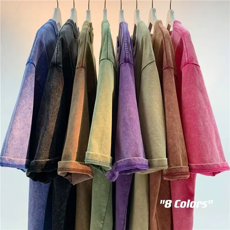 아메리칸 스타일 레트로 헤비급 솔리드 컬러 반팔 티셔츠 남성 여성 여름 거리 유행 씻어 오래된 대형 옷