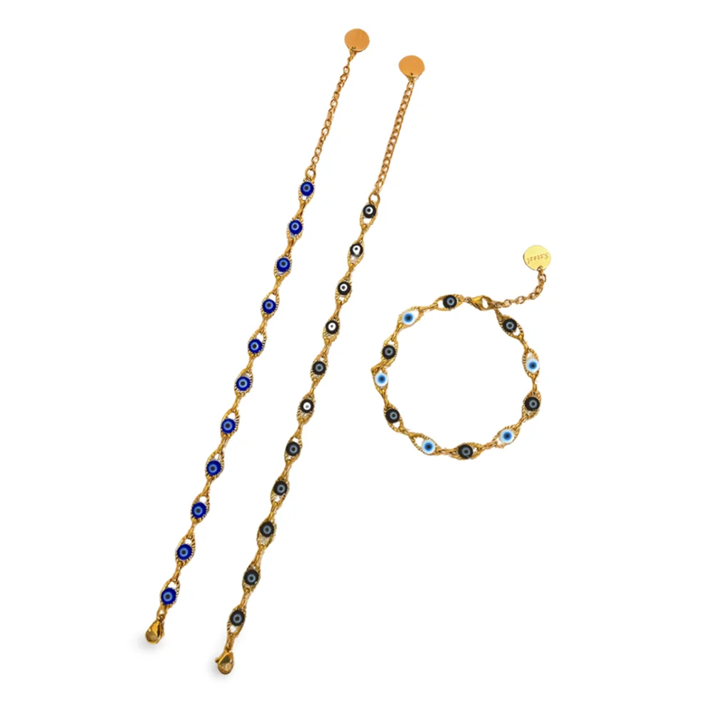 May@RZ 터키 악마의 눈 패션 스테인레스 스틸 팔찌 남성과 여성을위한 14K 골드 도금 품위있는 보석 데일리웨어 팔찌