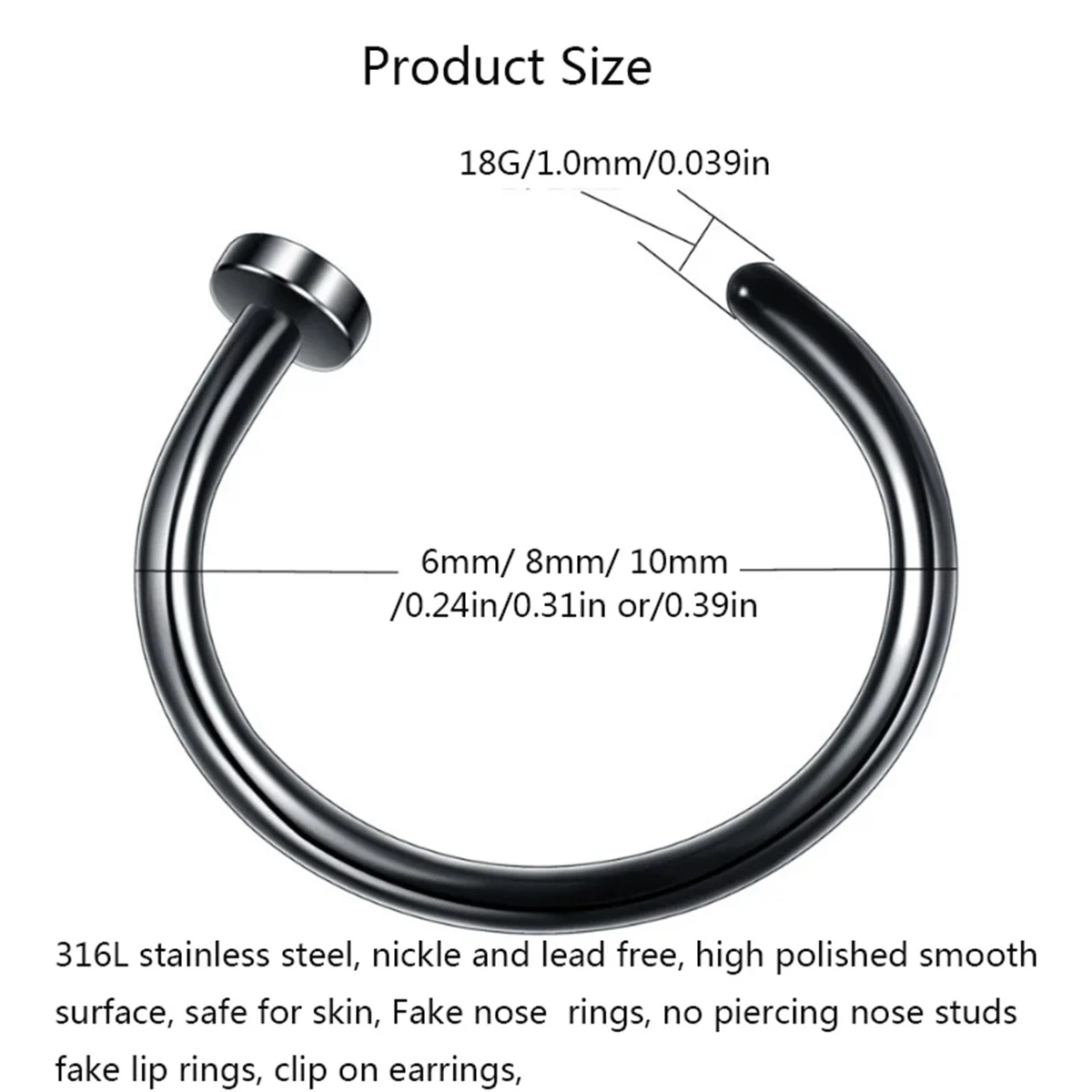 2/10pcs 여성을위한 20G 가짜 코 링 남성, 립 링에 316L 스테인레스 스틸 클립 Labret 링 코 피어싱 쥬얼리