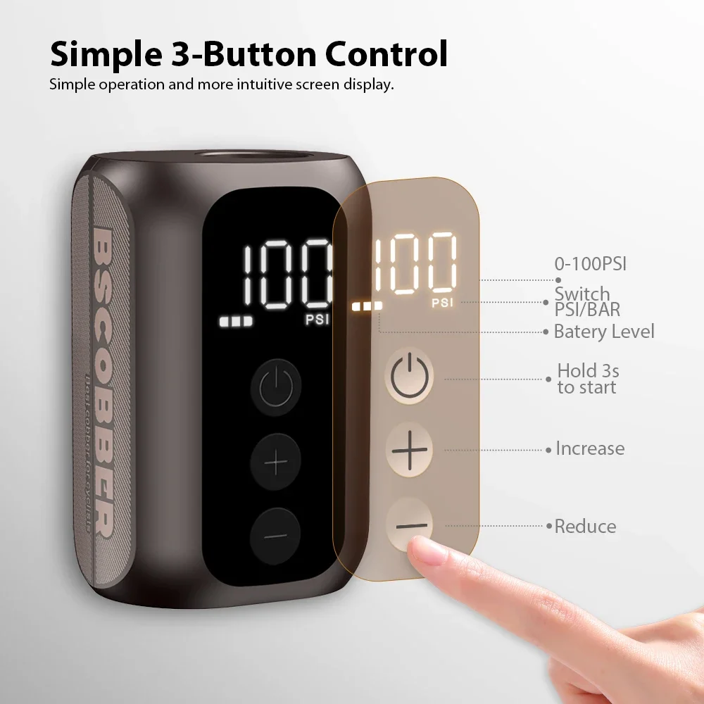 BSCOBBER A5mini 휴대용 공기 펌프 휴대용 충전식 무선 자전거 액세서리 타이어 팽창기 100PSI 고압