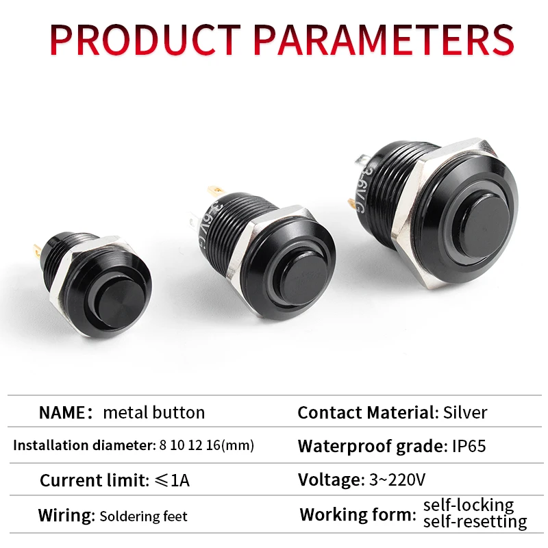 1NO 하이 헤드 방수 금속 푸시 버튼 스위치 LED 라이트 자동 잠금/리셋 3/6/12/24/220V 8/10/12/16mm 산화 검정색