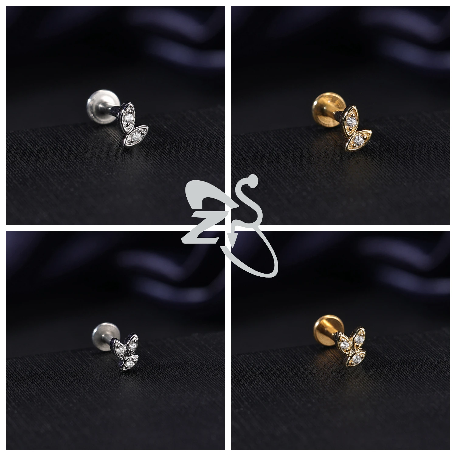 ZS 1 PC 골드 컬러 16G 스테인레스 스틸 Labret 립 피어싱 남성 여성 CZ 크리스탈 귀 연골 Tragus 헬릭스 피어싱 플랫 백