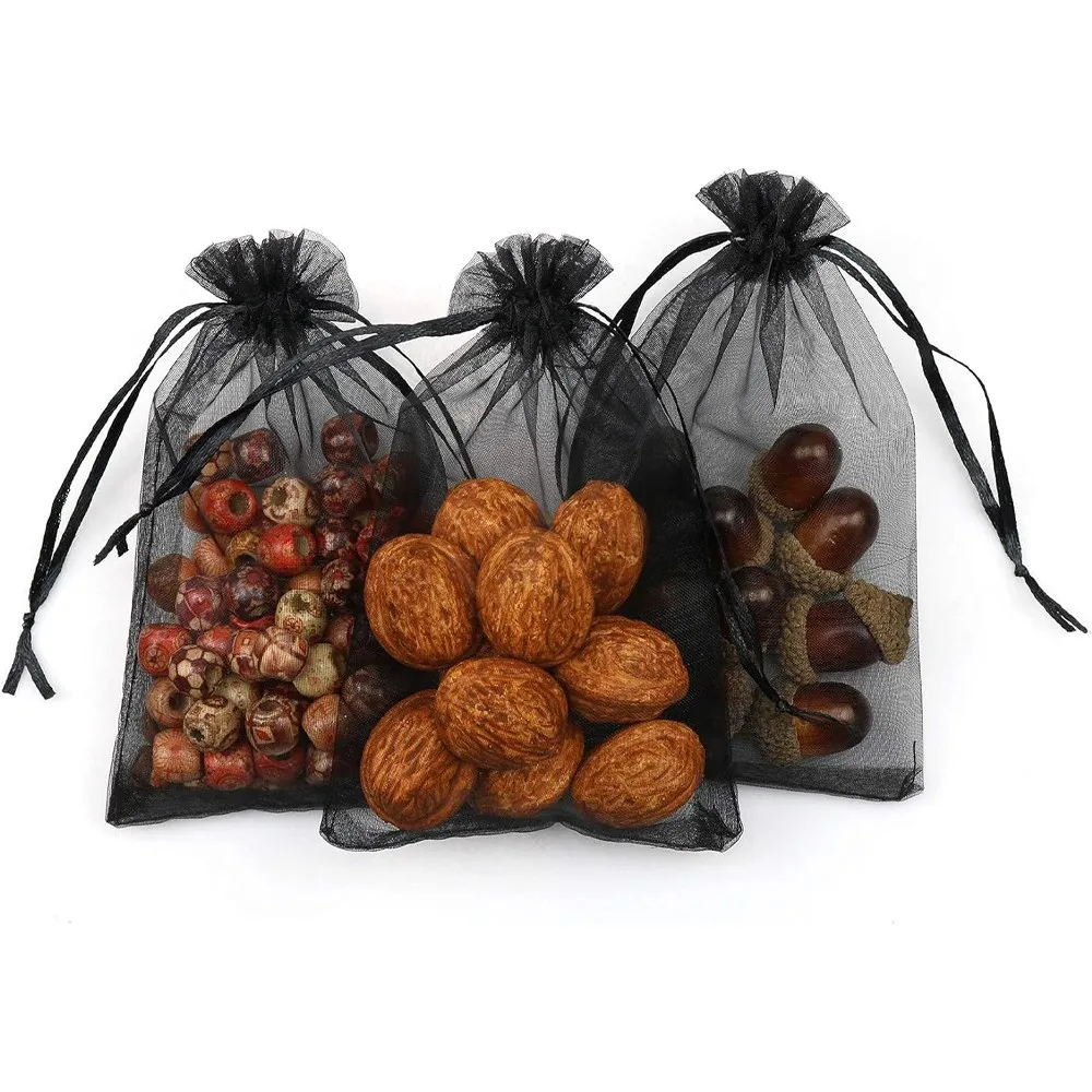 50Pcs 5x7 7x9 9x12cm 블랙 쉬어 Organza Drawstring 선물 가방 결혼식 생일 파티 호의 파우치 쥬얼리 디스플레이 포장