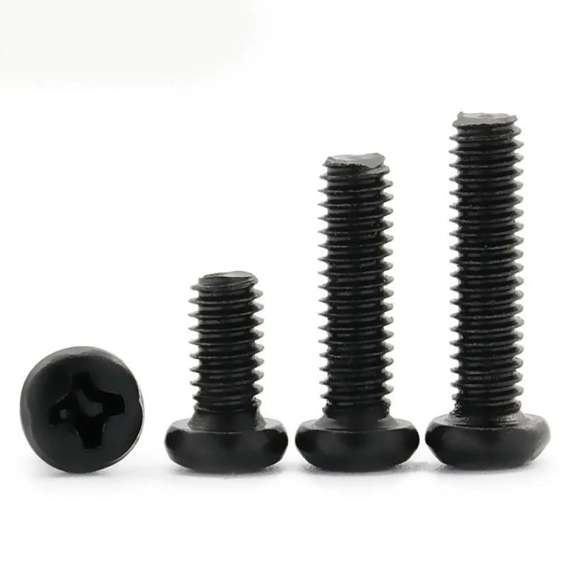 100 개/몫 십자형 팬 헤드 나사 M1 M1.2 M1.6 M2 M2.5 M3 M4 M6 탄소강 검정색 필립스 기계 나사 등급 4.8