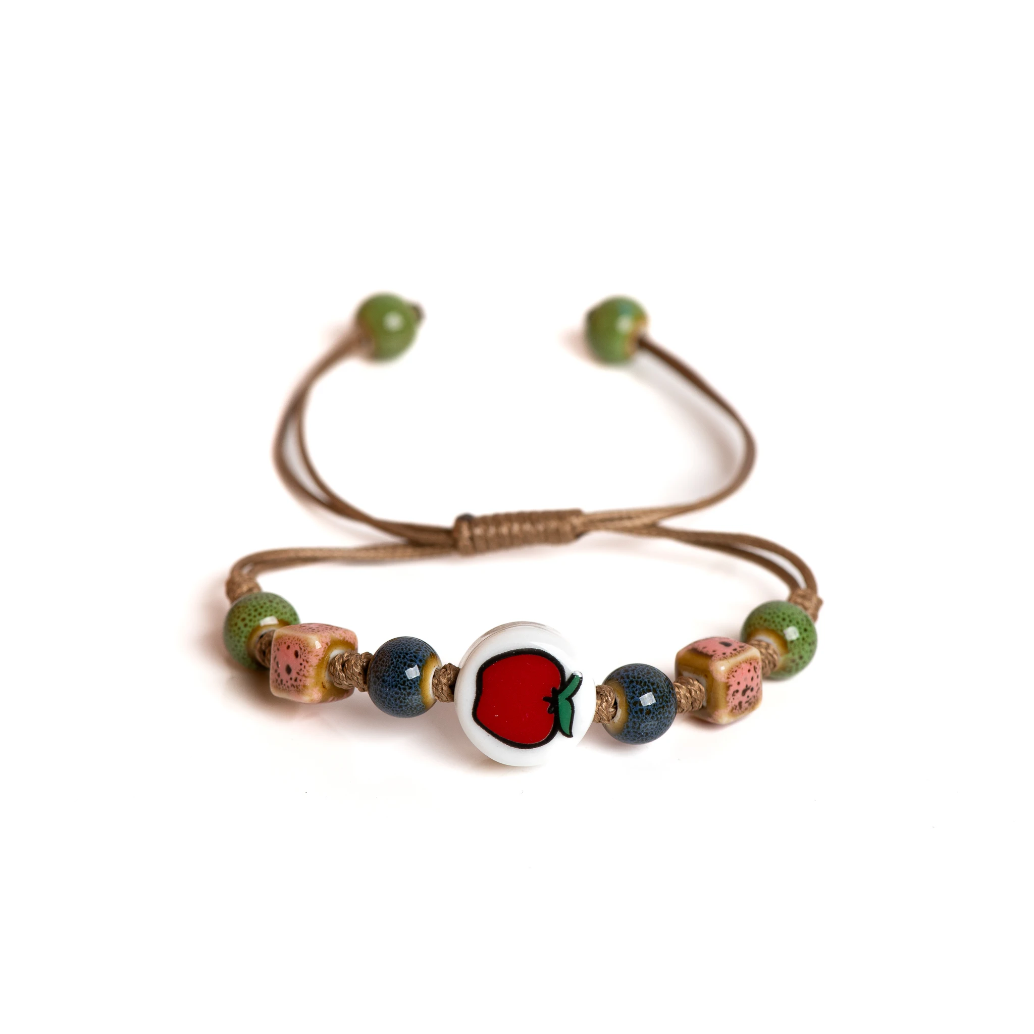 수제 애플 세라믹 팔찌 조정 가능한 짠 코드 선물을위한 귀여운 만화 스타일 쥬얼리