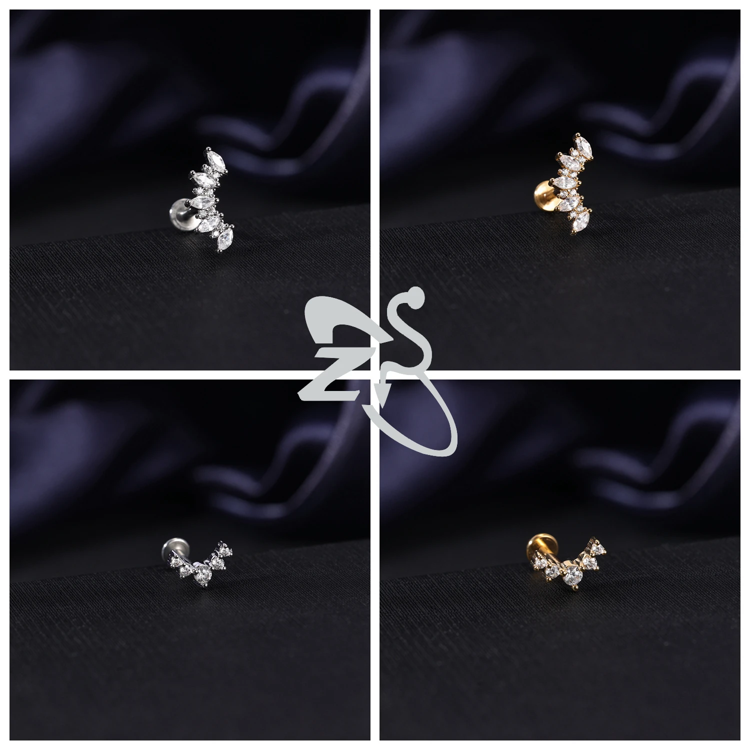 ZS 1 PC 골드 컬러 16G 스테인레스 스틸 Labret 립 피어싱 남성 여성 CZ 크리스탈 귀 연골 Tragus 헬릭스 피어싱 플랫 백