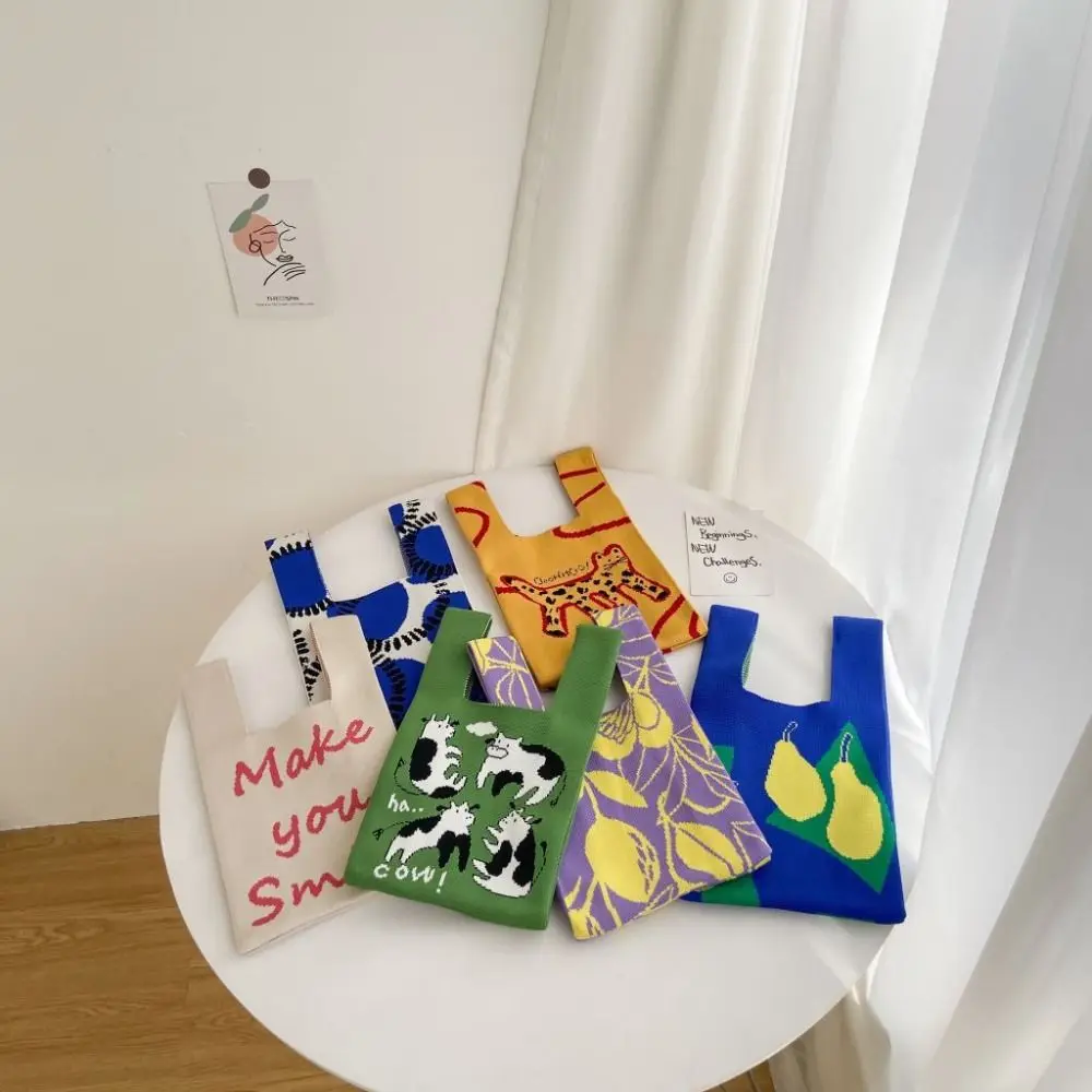 고양이 니트 핸드백 패션 니트 수제 쇼핑백, 대용량 매듭 손목 가방