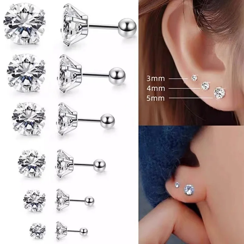 LUXUKISSKIDS 1pairs/2pcs 남자 라운드 크리스탈 지르코니아 스터드 귀걸이 외과 강철 보석 럭셔리 클리어 라인 석 남여 피어싱