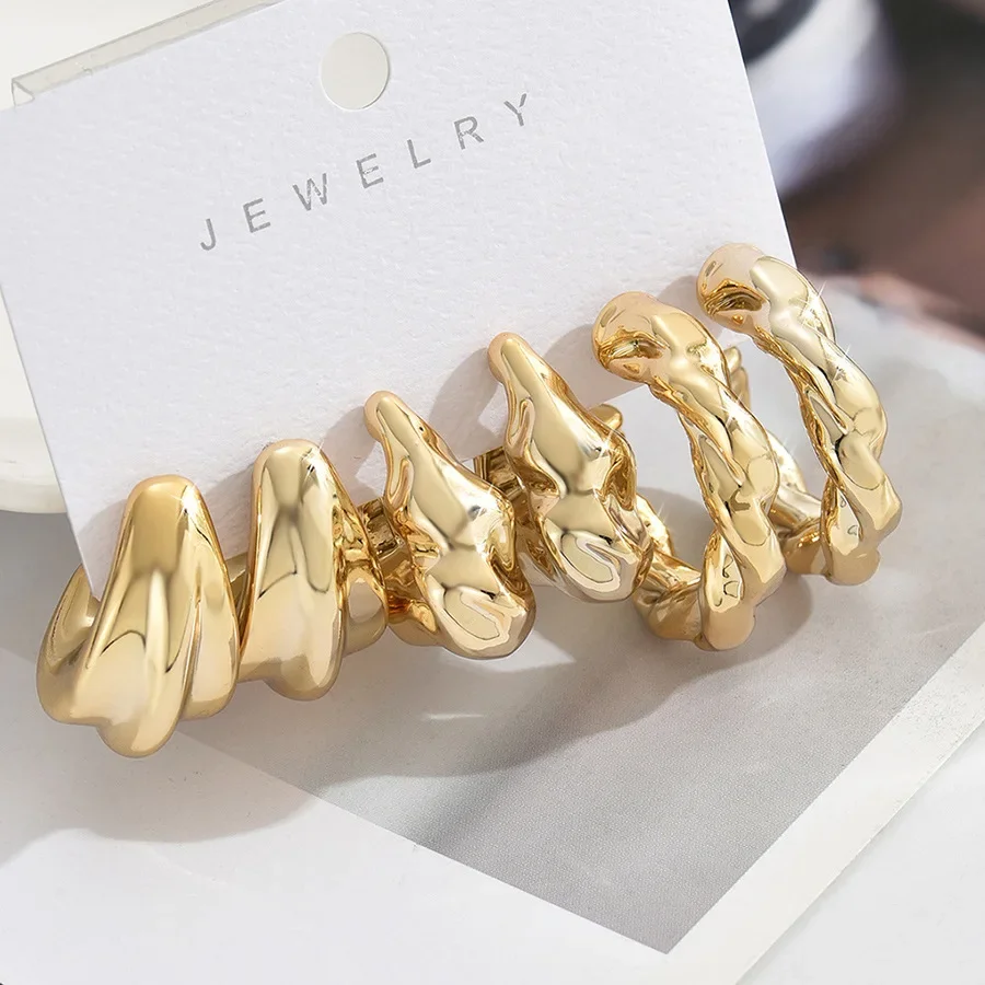 LATS 6Pcs 빈티지 클래식 기하학 광택 Ccb 골드 도금 C 모양 후프 귀걸이 여성을위한 설정 Waterdrop Earing 패션 쥬얼리