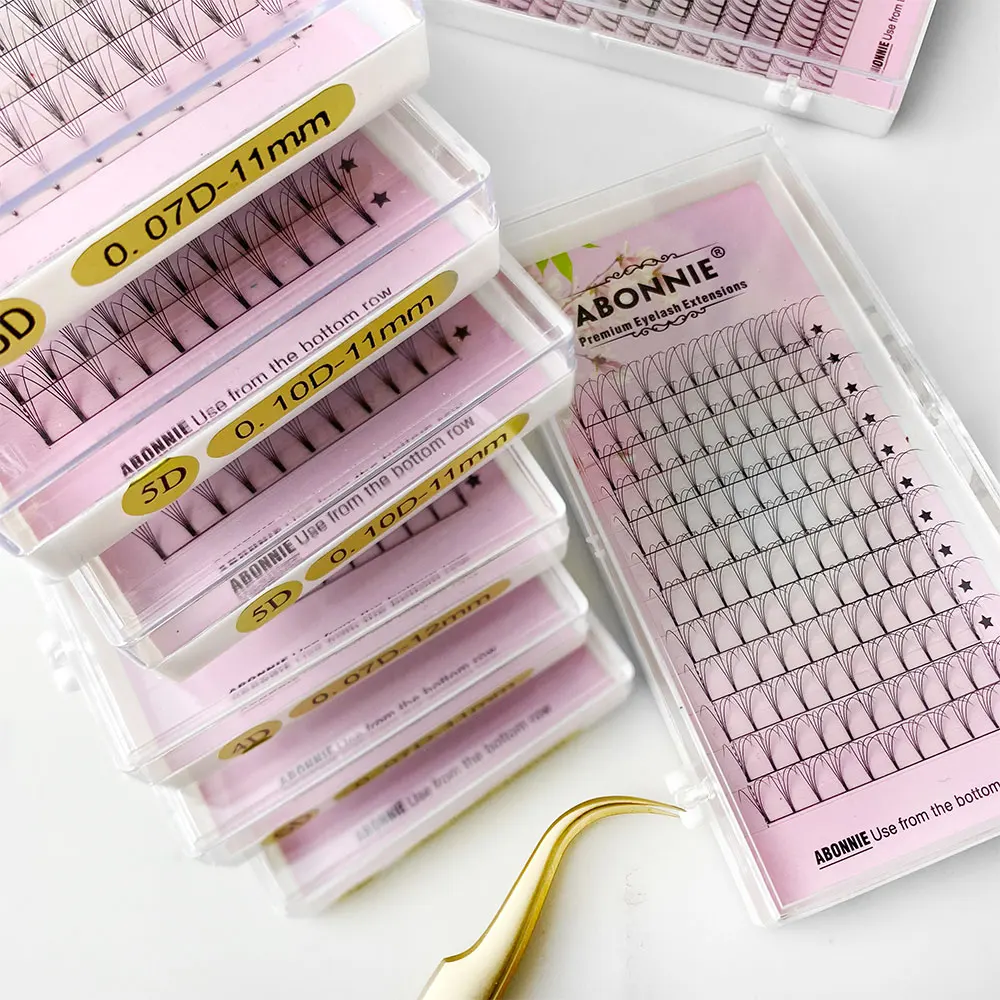 ABONNIE Premade 볼륨 팬 짧은 줄기 3d/4d/5d/6d 러시아어 속눈썹 연장 밍크 속눈썹 연장 모든 크기 속눈썹 트레이