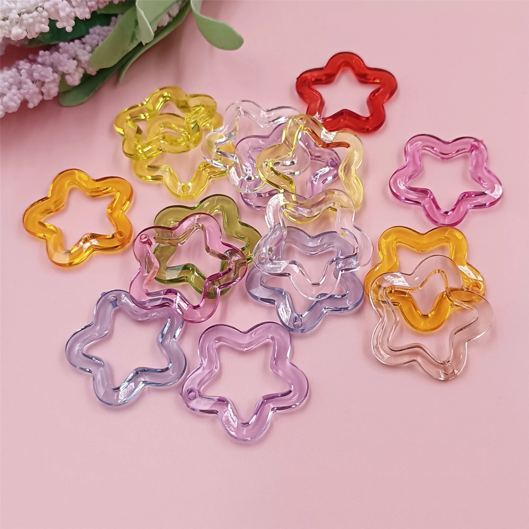 10Pcs 30mm 아크릴 투명 할로우 스타 루즈 비즈 DIY 쥬얼리 펜던트 키 체인 Windbell 수제 패션 액세서리