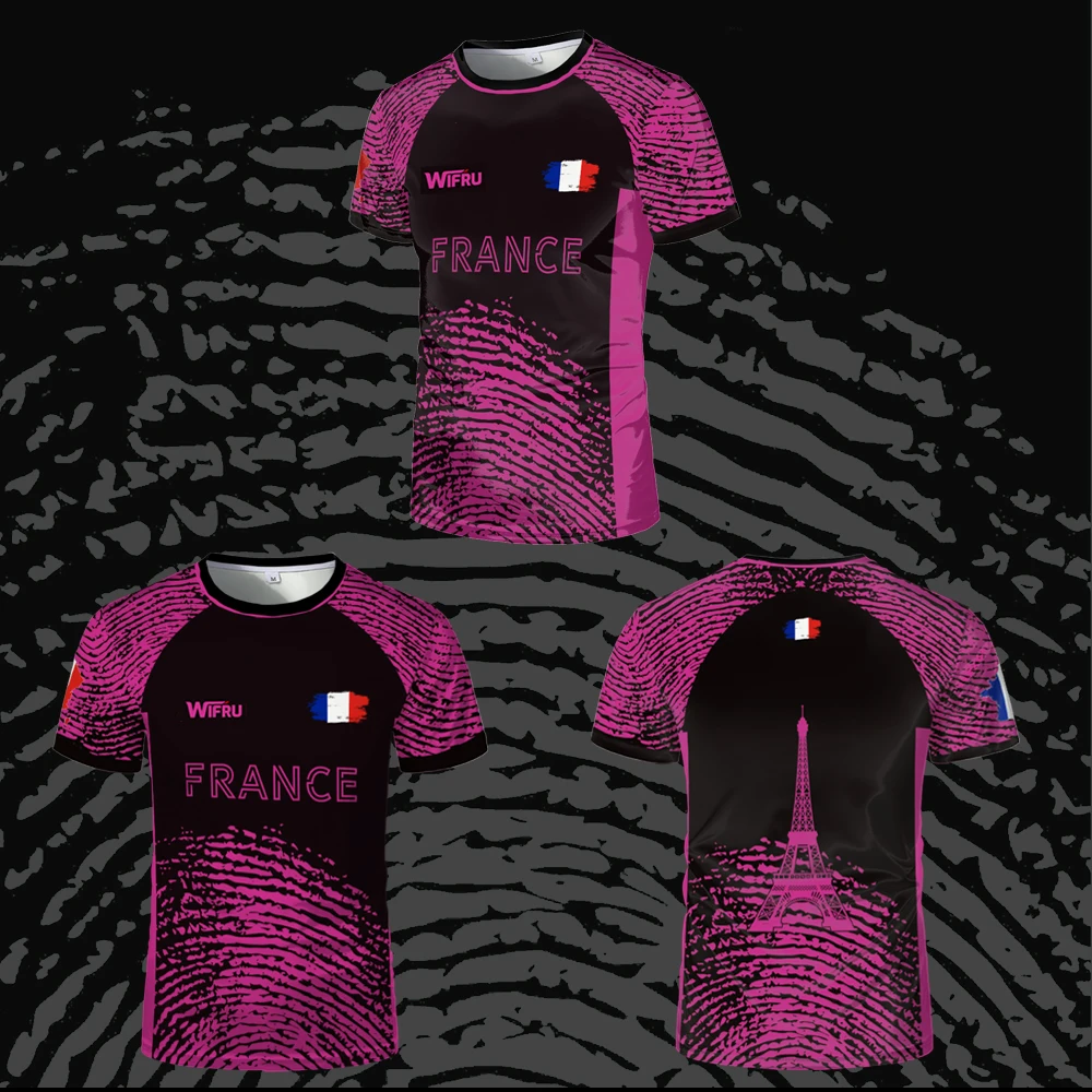 새로운 여름 프랑스 축구 티셔츠 남자 스포츠 야외 풋살 축구 유니폼 통기성 빠른 건조 에펠 탑 맞춤 셔츠