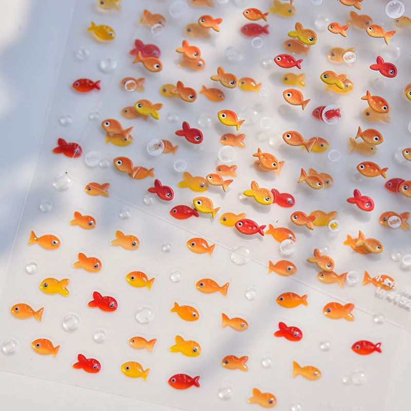 작은 붉은 물고기 젤리 여름 금붕어 잉어 바다 해변 인어 바다 반짝 이는 작은 잉어 소프트 릴리프 네일 아트 스티커 매니큐어 데칼