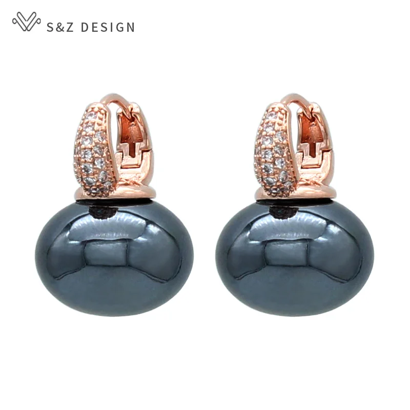 S & Z 디자인 여성을위한 새로운 패션 빵 라운드 큰 진주 매달려 귀걸이 웨딩 쥬얼리 선물 기질 큐빅 지르코니아 귀고리