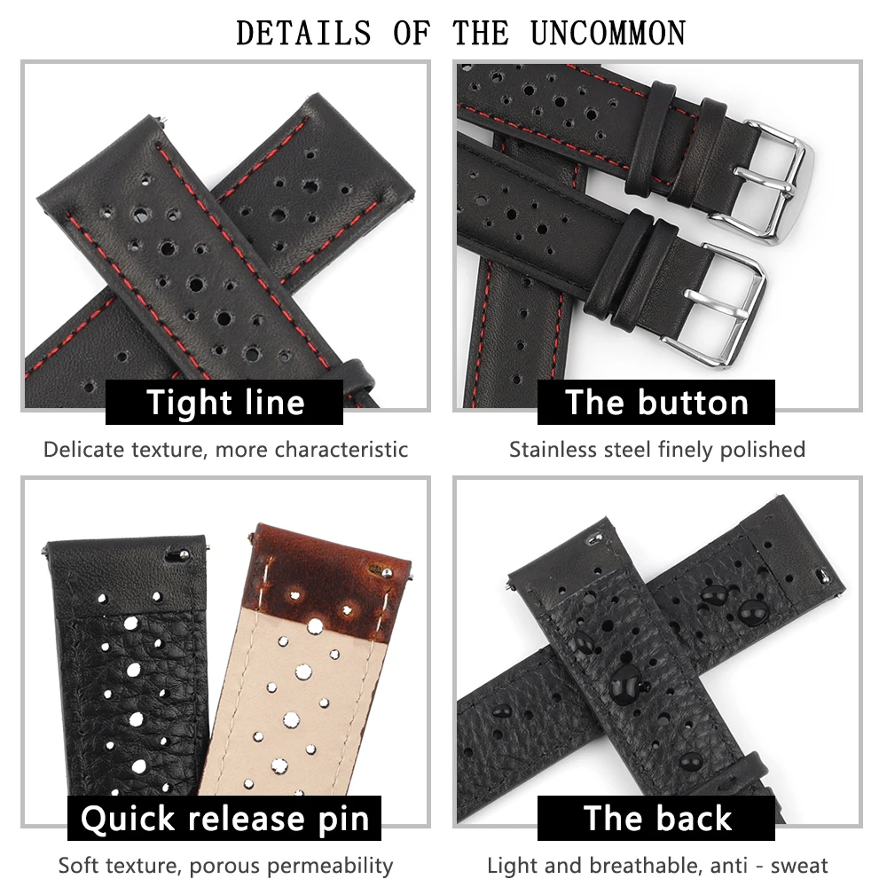 빈티지 수제 시계 스트랩 18mm 19mm 20mm 22mm 24mm 레이싱 가죽 스트랩 그레이 블랙 브라운 블루 통기성 다공성 시계 밴드