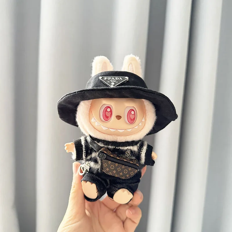 15-17cm Labubu 블라인드 박스 키 체인 비닐 인형 스웨터 신발 모자 가방 세트 인형 럭셔리 의류 액세서리에 적합