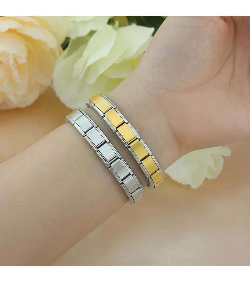 패션 스테인레스 스틸 탄성 이탈리아어 링크 매력 팔찌 9mm 너비 남성 여성을위한 심플한 디자인 팔찌 DIY 만들기 보석