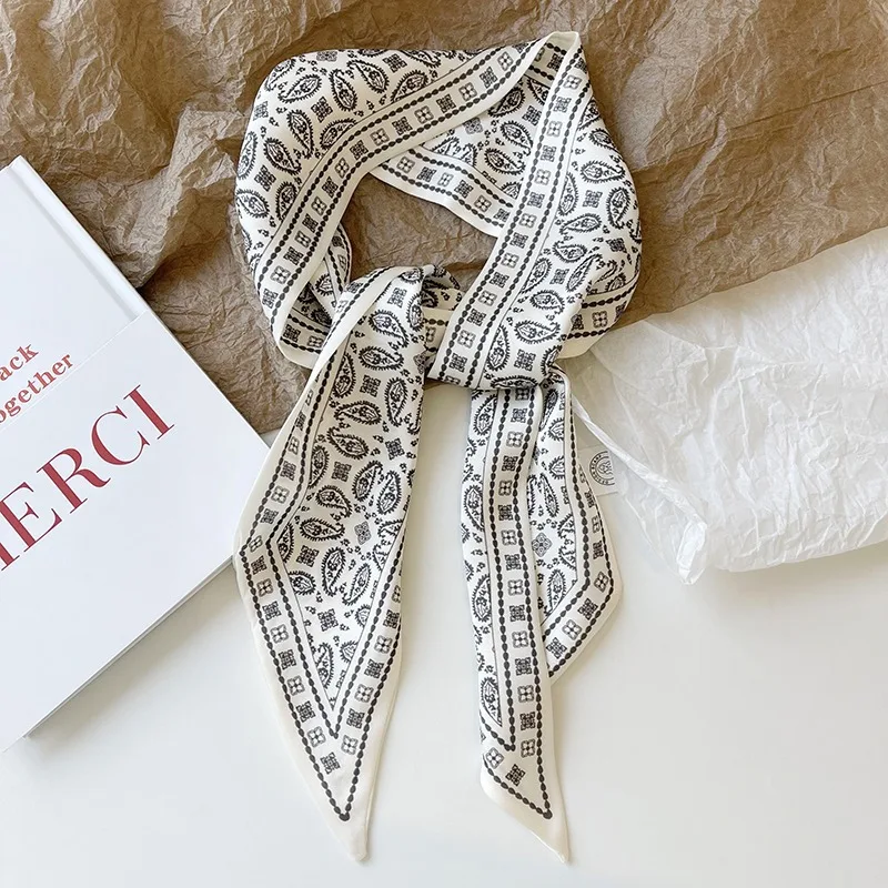 캐슈플라워 실크 스카프, 양면 프린트 머리띠, 인스 장식, 다용도 삼각형 스카프 액세서리