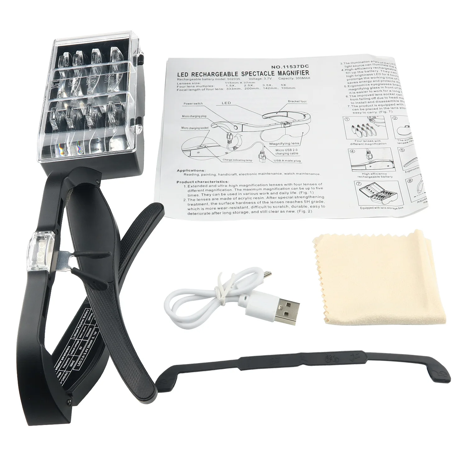 돋보기 Magnifier1.5X 2.5X 3.5X 5.0X USB 보석상 독서 용 LED 조명으로 충전식 시계 제조 업체 수리 착용