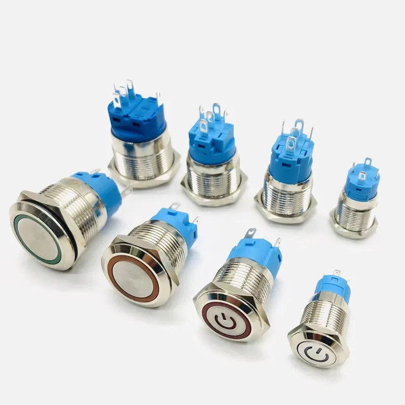 금속 버튼 스위치 12 16 19 22mm LED 조명 재설정 자동 잠금 자동차 엔진 정지 시작 스위치 12V 24V 220V 빨간색 파란색 녹색 노란색