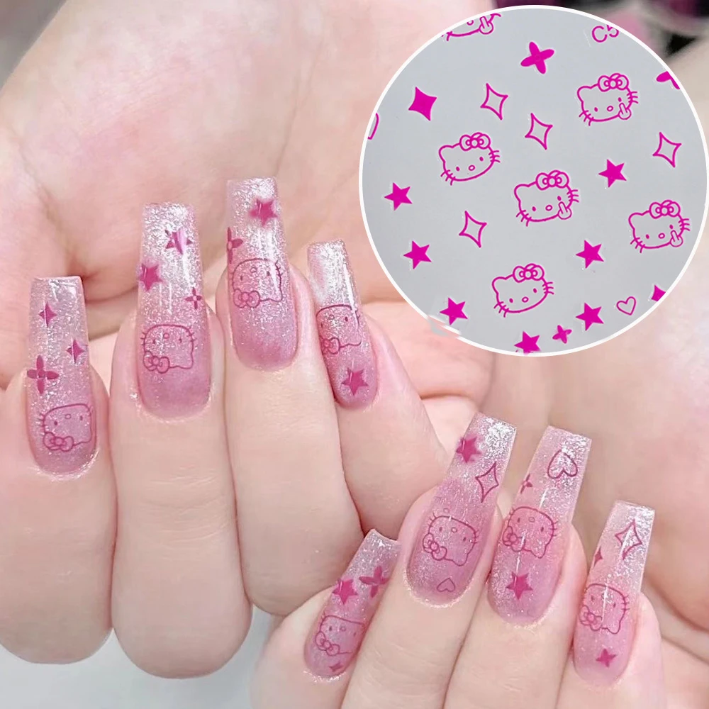 1 시트 일본어 네일 스티커 HelloKitty 고양이 머리 심장 만화 귀여운 네일 데칼 접착 장식 뒤 접착제 매니큐어 스티커