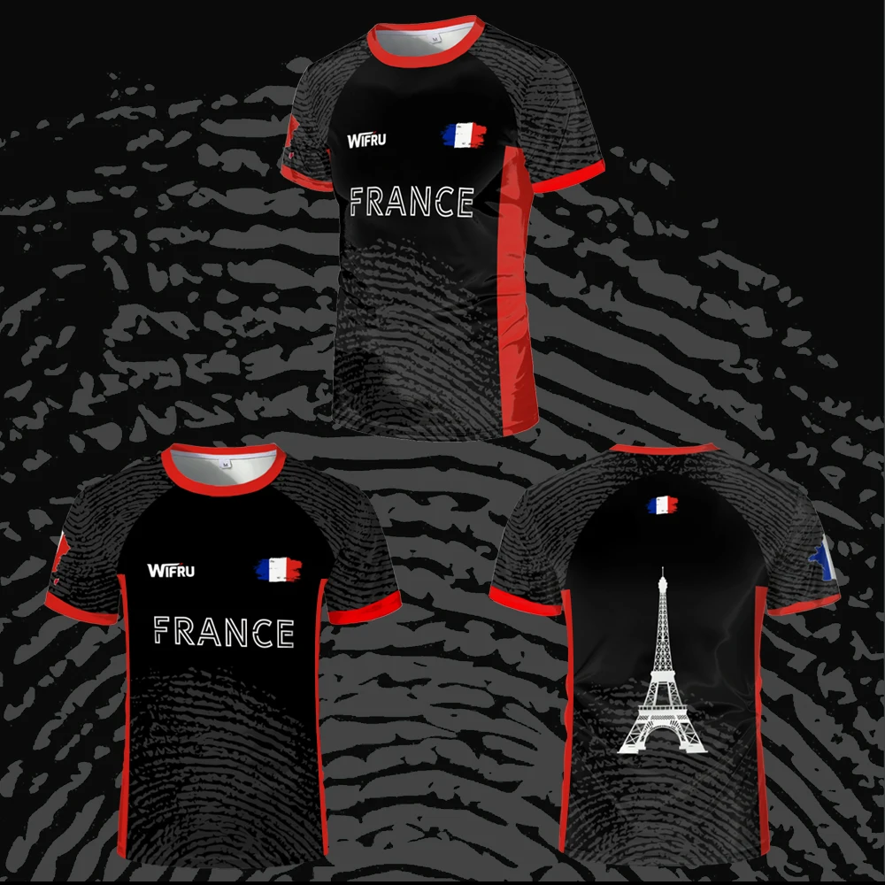 새로운 여름 프랑스 축구 티셔츠 남자 스포츠 야외 풋살 축구 유니폼 통기성 빠른 건조 에펠 탑 맞춤 셔츠