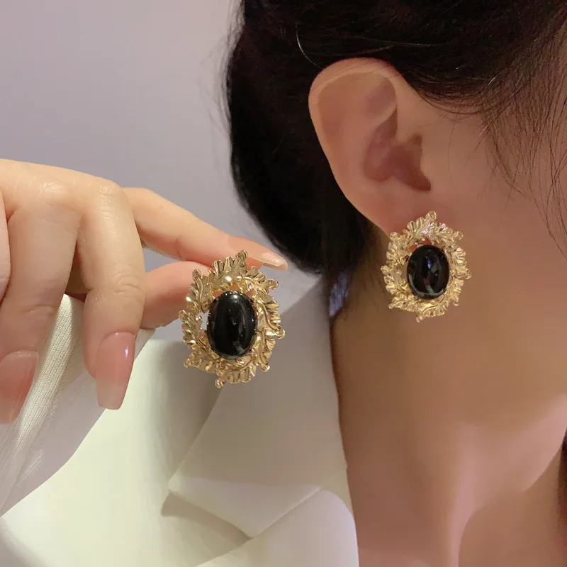 레트로 주얼리 925 실버 바늘 타원형 귀걸이, 인기있는 스타일, 금속 기하학 블랙 수지 귀걸이, 여성 선물, 핫 세일