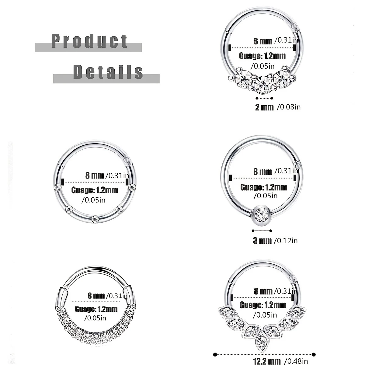 1-5pcs 16G 패션 316L 스테인레스 스틸 CZ 힌지 Septum Clicker 코 후프 링, Daith Helix Tragus 연골 피어싱 쥬얼리