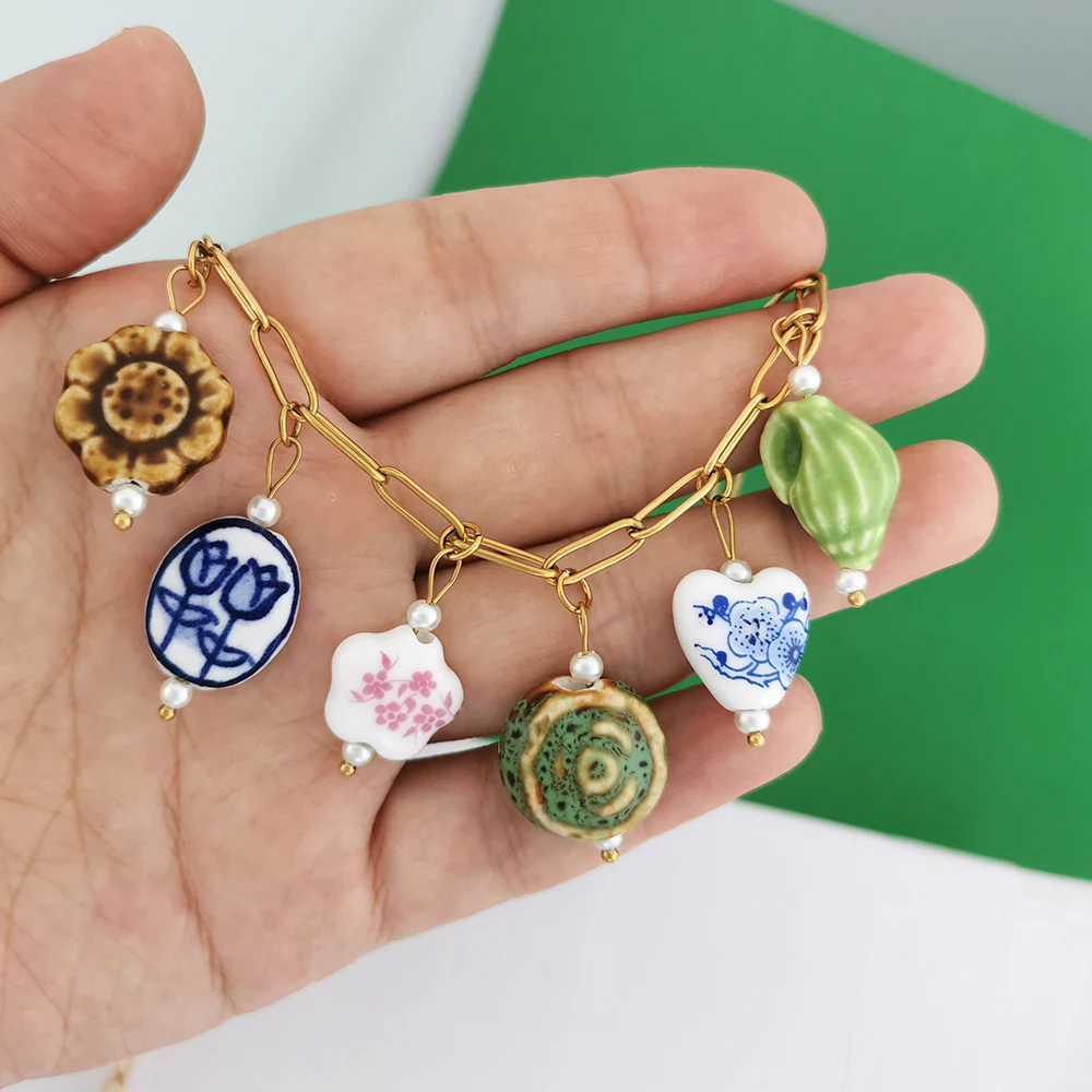 QMHJE 하트 꽃 조가비 도자기 펜던트의 매력 목걸이에 대한 수제 스테인레스 스틸 기하학 모조 진주 도매