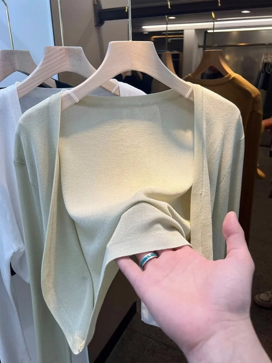 짧은 얼음 실크 니트 태양 보호 카디건 여성의 얇은 여름 서스펜더 스커트 계층화 된 거즈 자켓 에어컨 커버 업