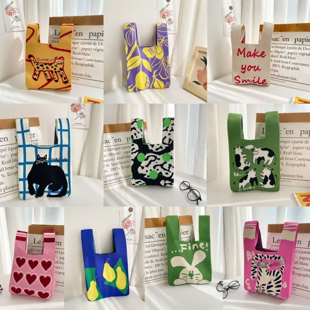 고양이 니트 핸드백 패션 니트 수제 쇼핑백, 대용량 매듭 손목 가방