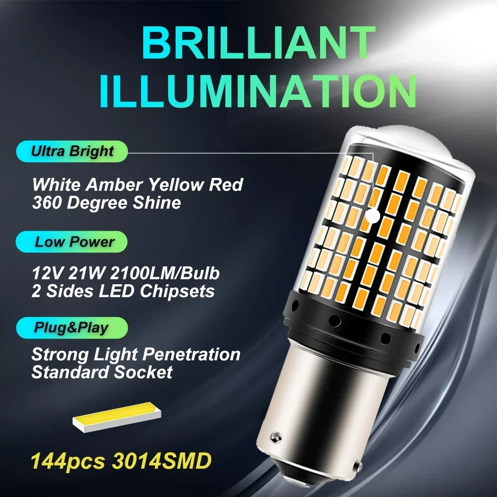 2pcs 1156 BA15S P21W BAU15S PY21W 7440 W21W P21/5W 1157 BAY15D 7443 3157 LED 전구 144smd CanBus 램프 역방향 회전 신호등