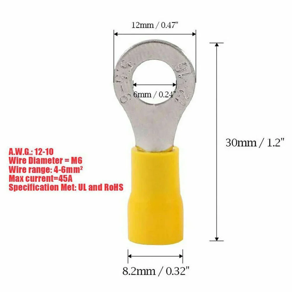 10/50/100PCS 노란색 링 4-6MM 절연 와이어 커넥터 전기 압착 단자 케이블 와이어 12-10AWG 자동차 오디오 압착 커넥터