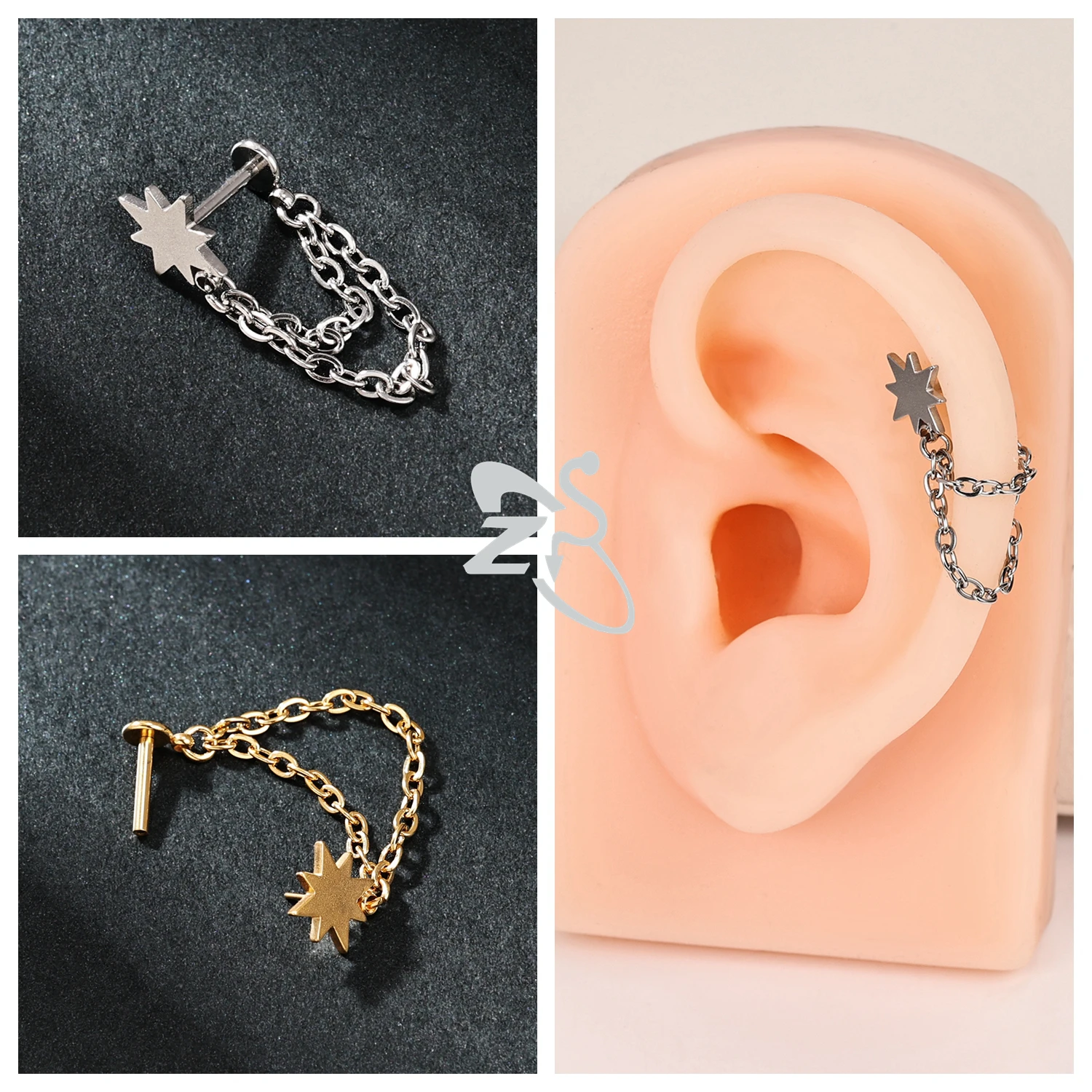 ZS 1 PC 16G 스테인레스 스틸 스터드 귀걸이 여성용 술 드롭 귀 스터드 CZ 크리스탈 연골 헬릭스 로브 피어싱 쥬얼리