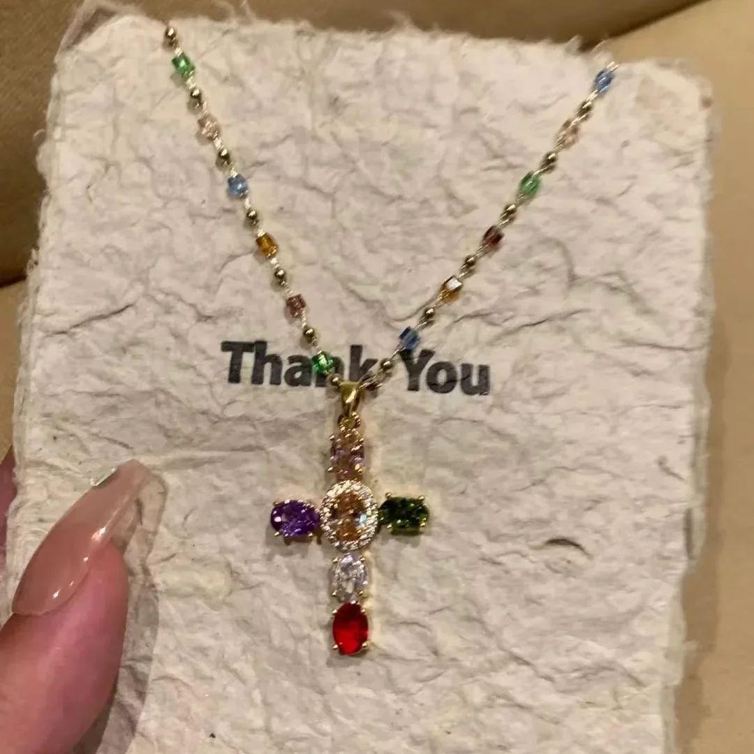 여성을위한 패션 다채로운 지르콘 크로스 펜던트 목걸이 스테인레스 스틸 실버 컬러 매력 크리스탈 페르시 체인 목걸이목걸이