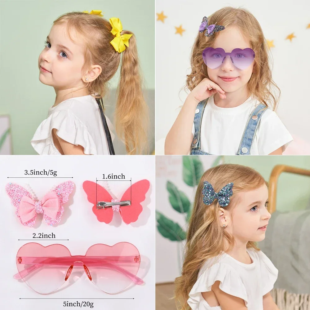 아기 활 나비 헤어 클립 세트 어린이를위한 사랑스러운 안경 액세서리 패션 파티 소녀 드레스 머리핀 머리띠 선물 세트