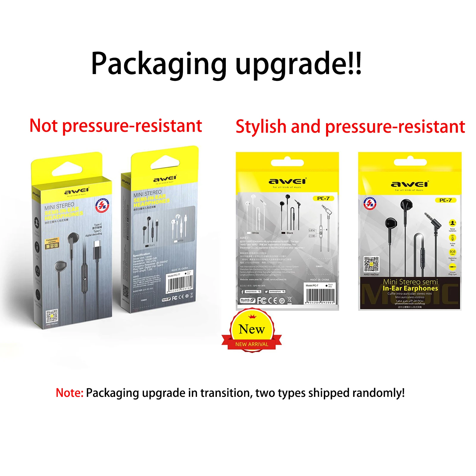 Awei PC-7 PC-7T 유선 제어 이어폰, 마이크 포함 인이어, 핸즈프리 통화 헤드폰, 샤오미 삼성용, 3.5mm, C타입