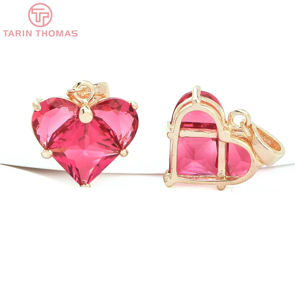 (280)4PCS 14x14.5MM 구멍 2.5MM 24K 골드 컬러 황동 지르콘 하트 참 펜던트 고품질 보석 결과 액세서리