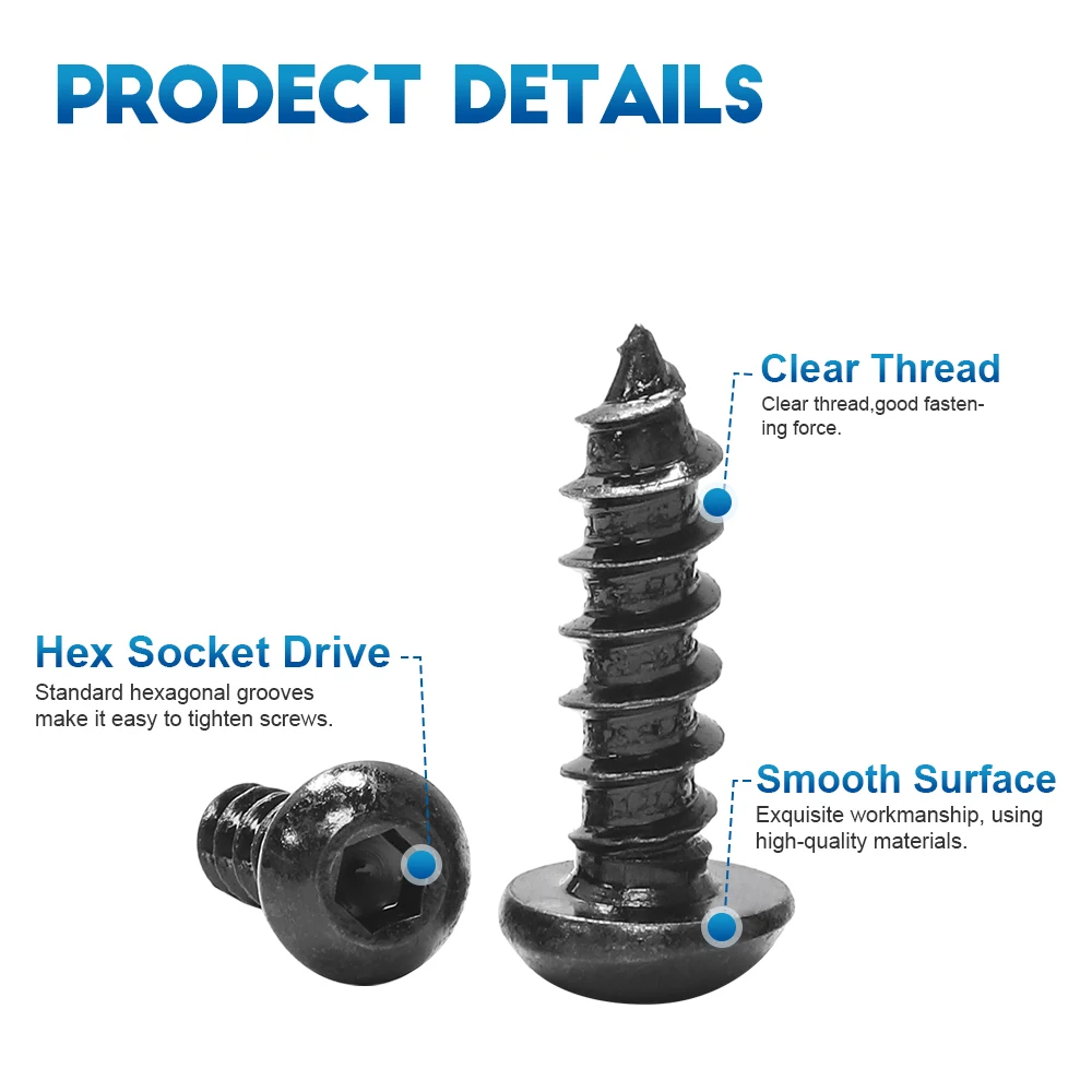 NINDEJIN 10-100pcs 둥근 단추 머리 육각 셀프 태핑 나사 M2 M2.5 M3 M3.5 M4 M5 M6 탄소강 알렌 육각 소켓 나무 나사
