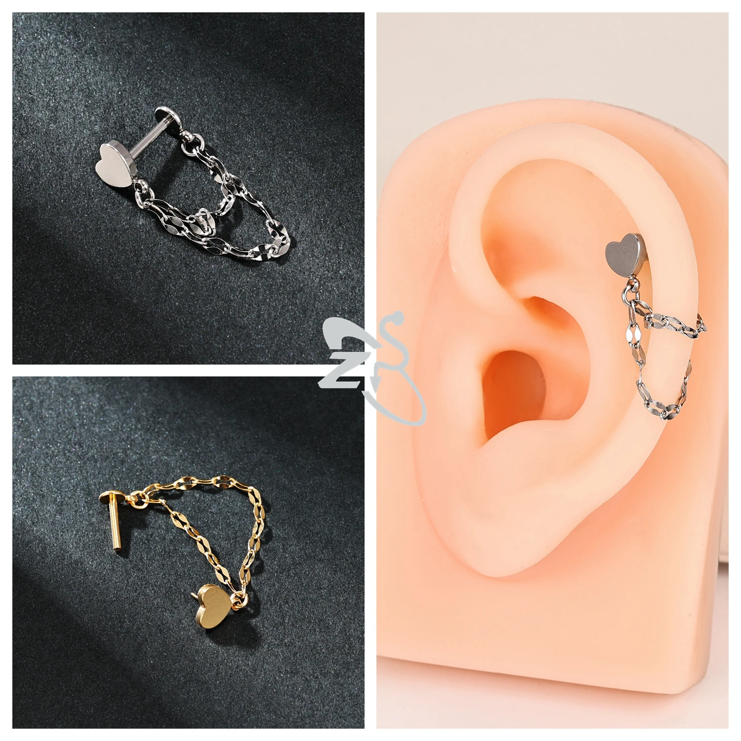 ZS 1 PC 16G 스테인레스 스틸 스터드 귀걸이 여성용 술 드롭 귀 스터드 CZ 크리스탈 연골 헬릭스 로브 피어싱 쥬얼리