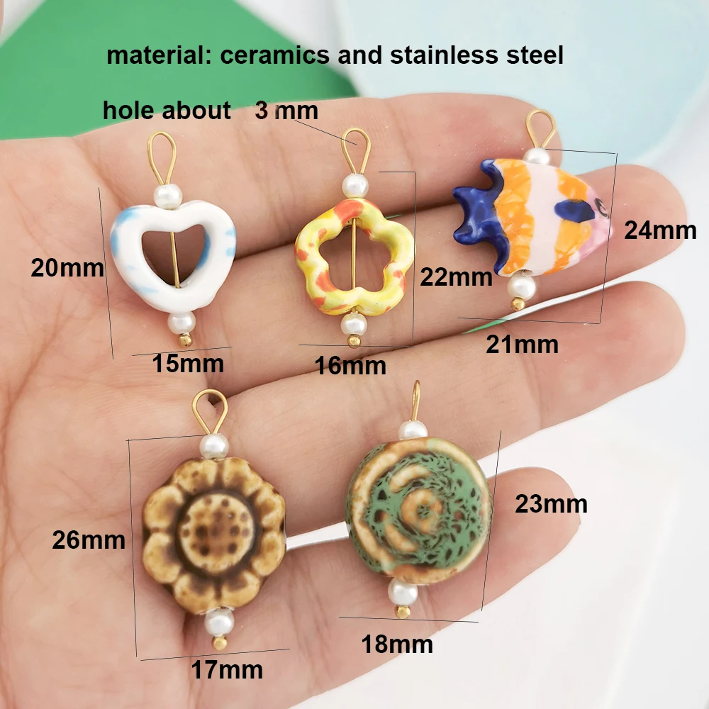 QMHJE 하트 꽃 조가비 도자기 펜던트의 매력 목걸이에 대한 수제 스테인레스 스틸 기하학 모조 진주 도매