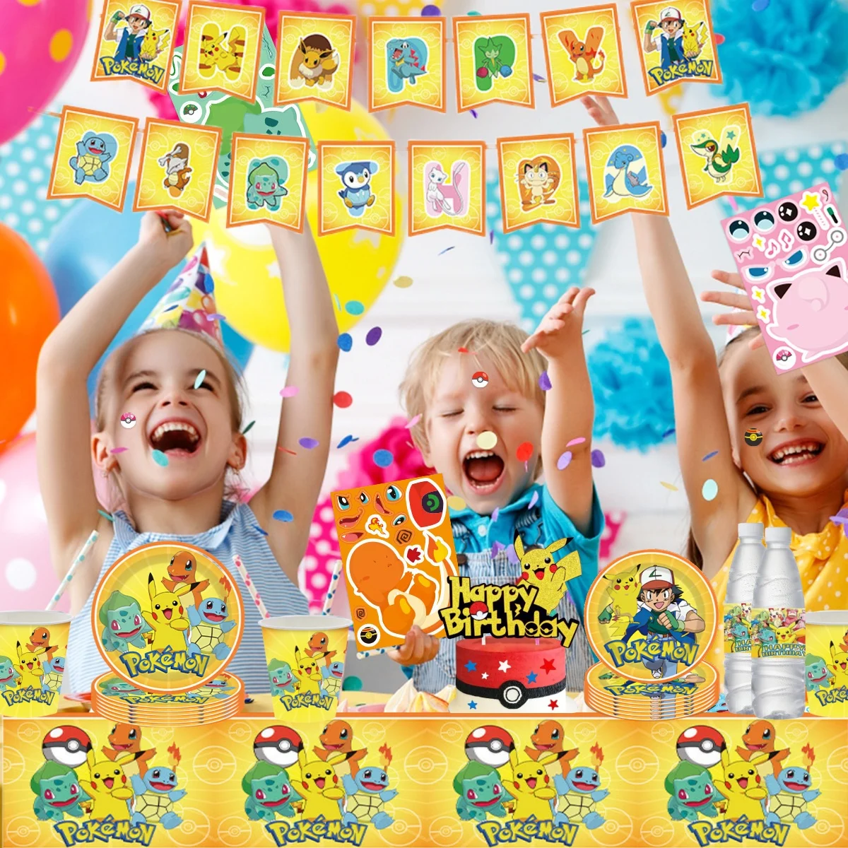 포켓몬 생일 파티 장식 피카추 DIY 스티커 식기 접시 식탁보 베이비 샤워 어린이 호의 선물 파티 용품